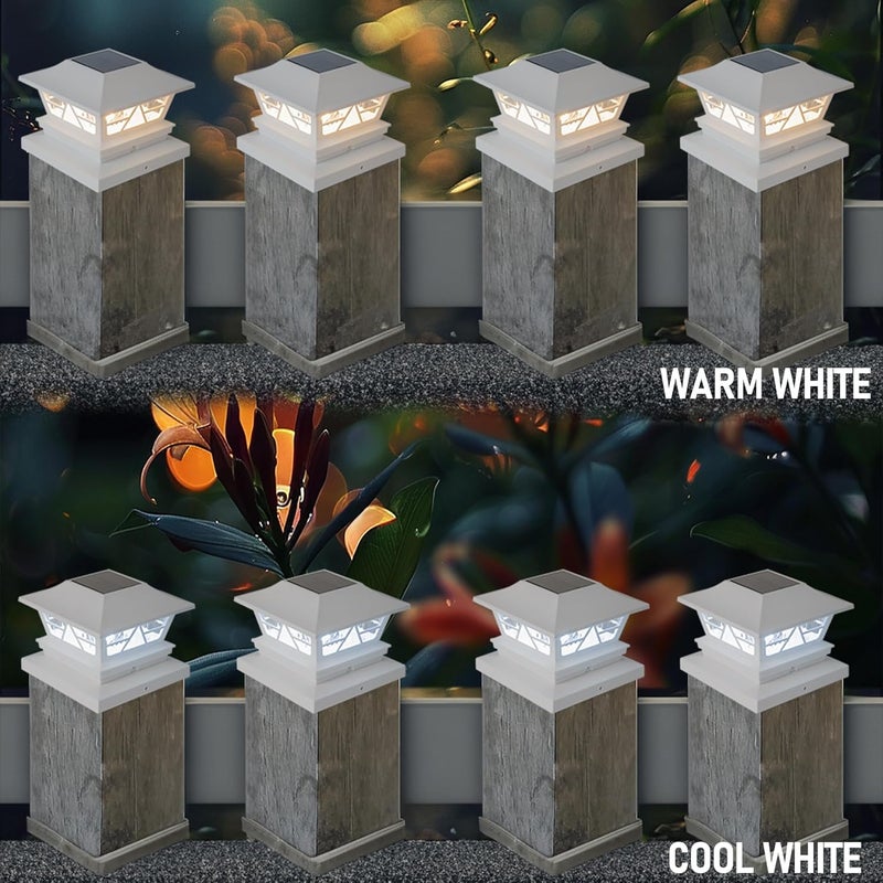 TW SHINE 4 Pack Solar Outdoor Fence Post Lights, 2 Modes Post Cap Lights Waterproof Warm White/Cool White for Yard, Garden, Porch, Patio Decor, for 4x4 5x5 6x6 Wood Posts, White - Image 3